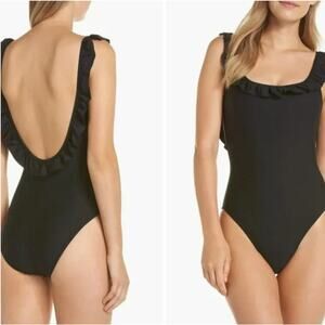 New J. Crew Black Scoop Neck Scoopback Ruffle One Piece Swimsuit Women's Size 16